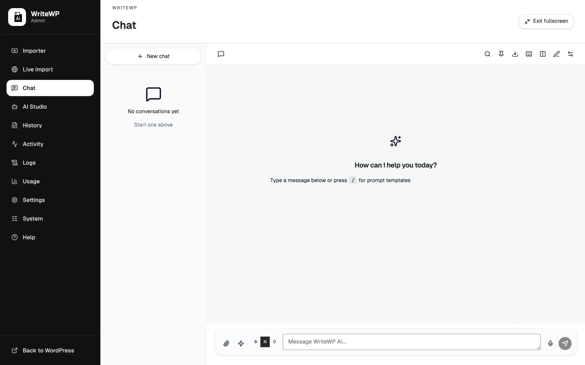 WriteWP Chat screen where agentic abilities can create drafts and import URLs