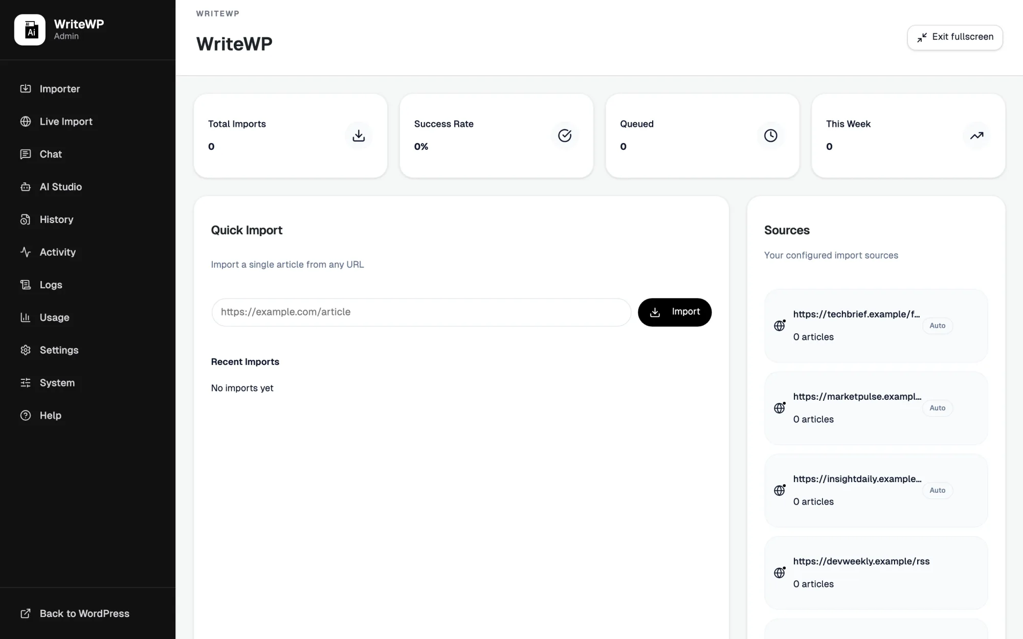 WriteWP Dashboard showing stat cards across the top, a quick import box, and a list of configured sources.