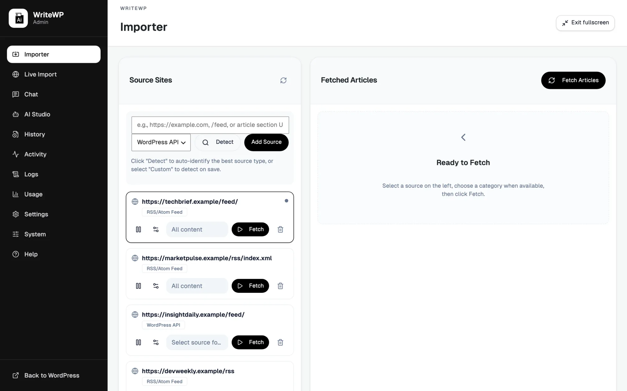 WriteWP Importer screen inside WordPress, showing connected RSS and WordPress sources ready to fetch and rewrite