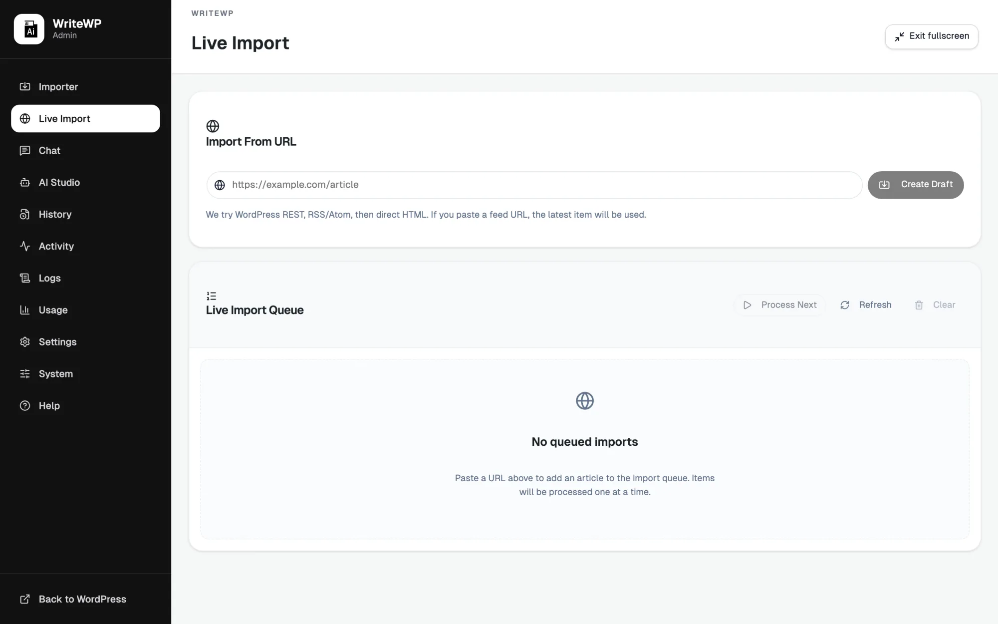 WriteWP Live Import screen with an import-from-URL field and a live import queue