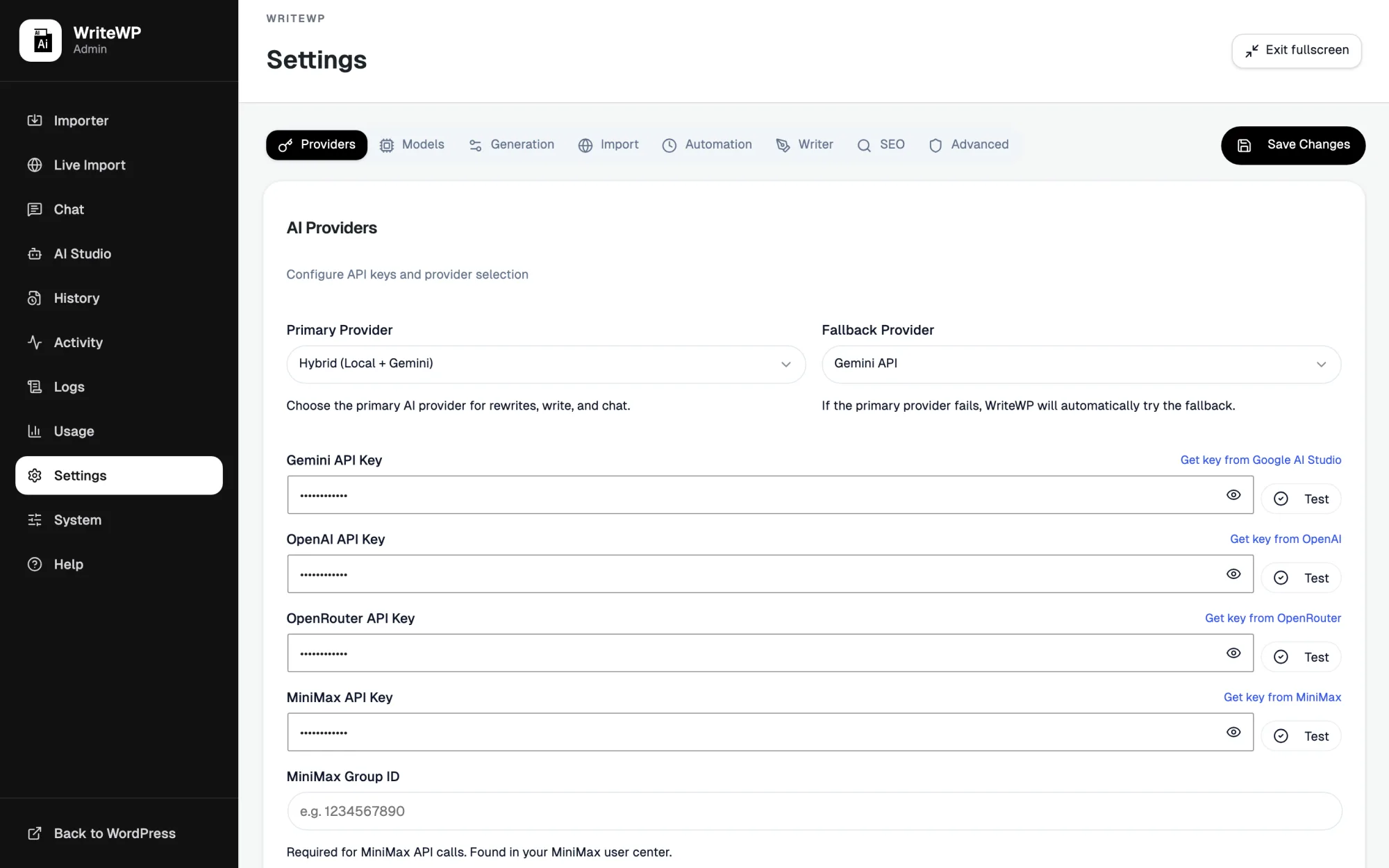WriteWP Settings screen showing AI provider configuration with primary and fallback providers and encrypted API keys