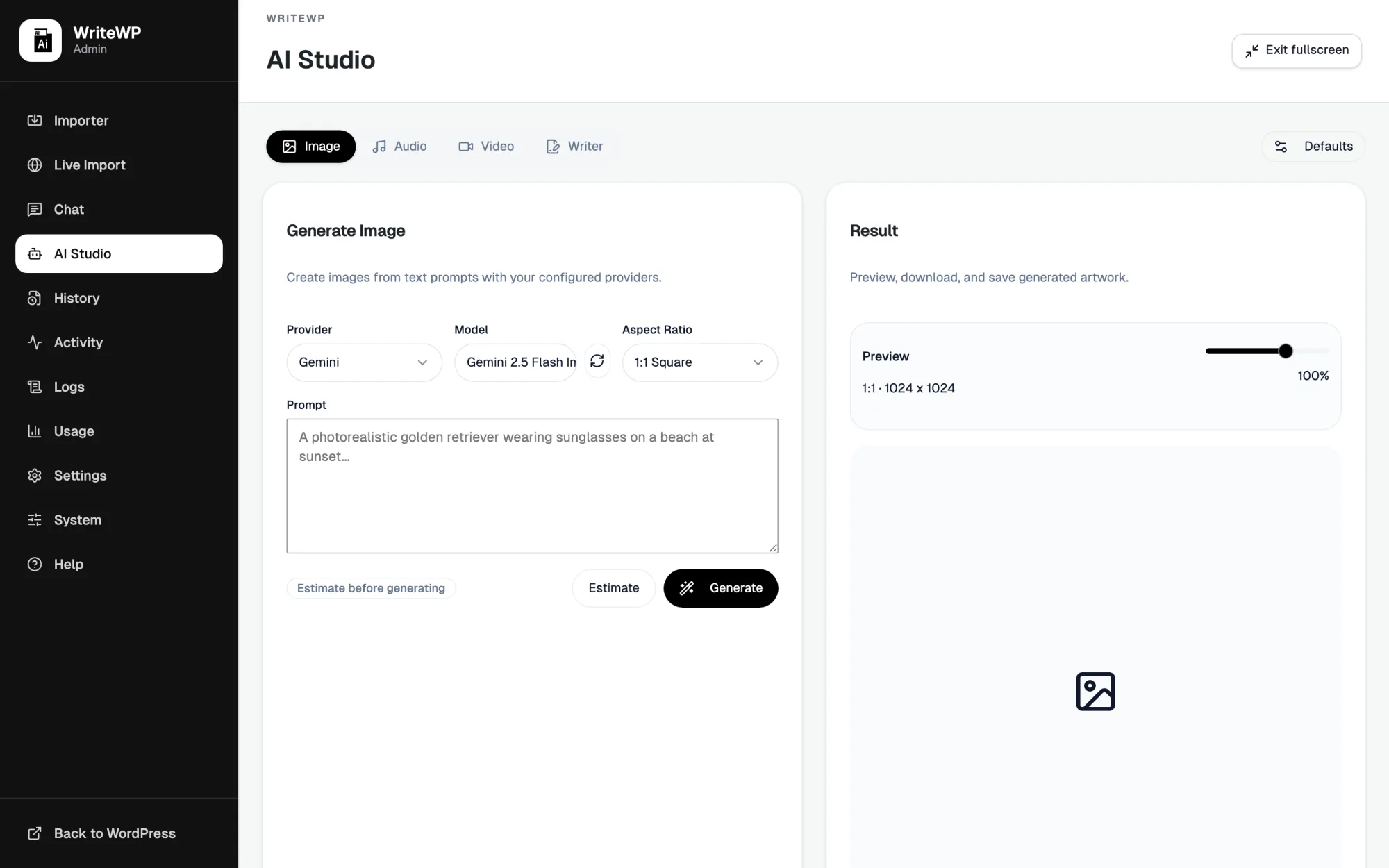 WriteWP AI Studio screen with Image, Audio, Video and Writer tabs for generating media inside WordPress