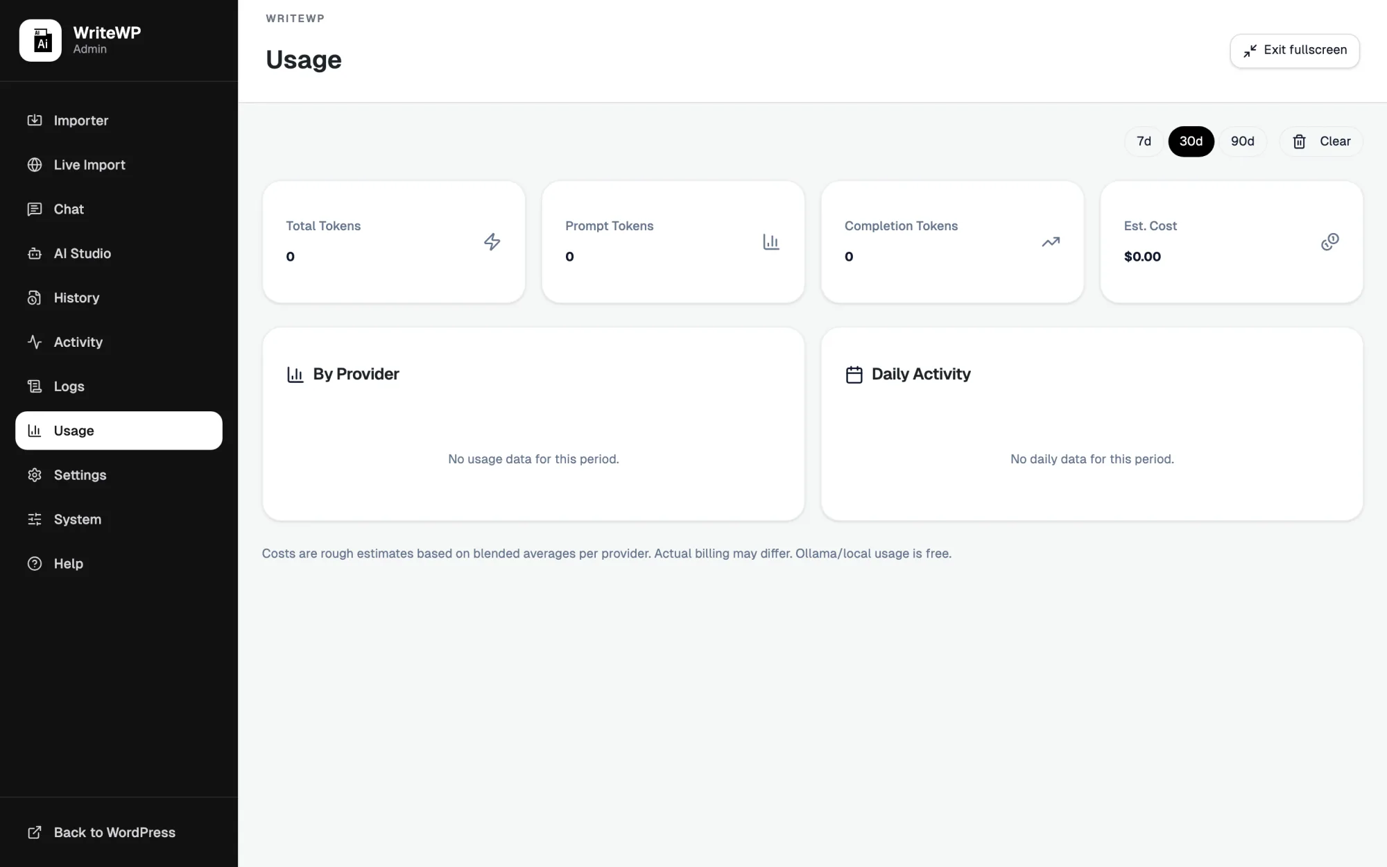 WriteWP Usage screen showing token and estimated cost analytics broken down by AI provider and model over time